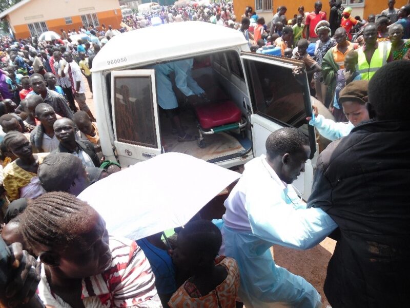 A Medical Teams International emergency ambulance comes to Elegu to take a patient with liver cirrhosis to a nearby hospital