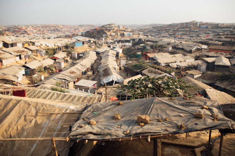 An overcrowded Rohingya refugee camp on the coast of Bangladesh that has spread across the deforested landscape