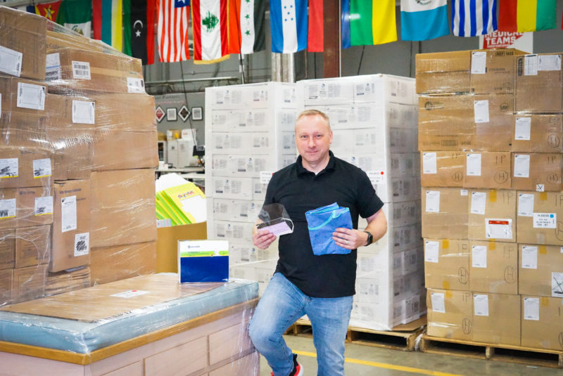 Our HQ staff member Jason helps prepare PPE for shipment to hospitals in the Pacific Northwest