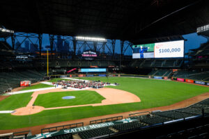 wide shot of chairs on baseball field