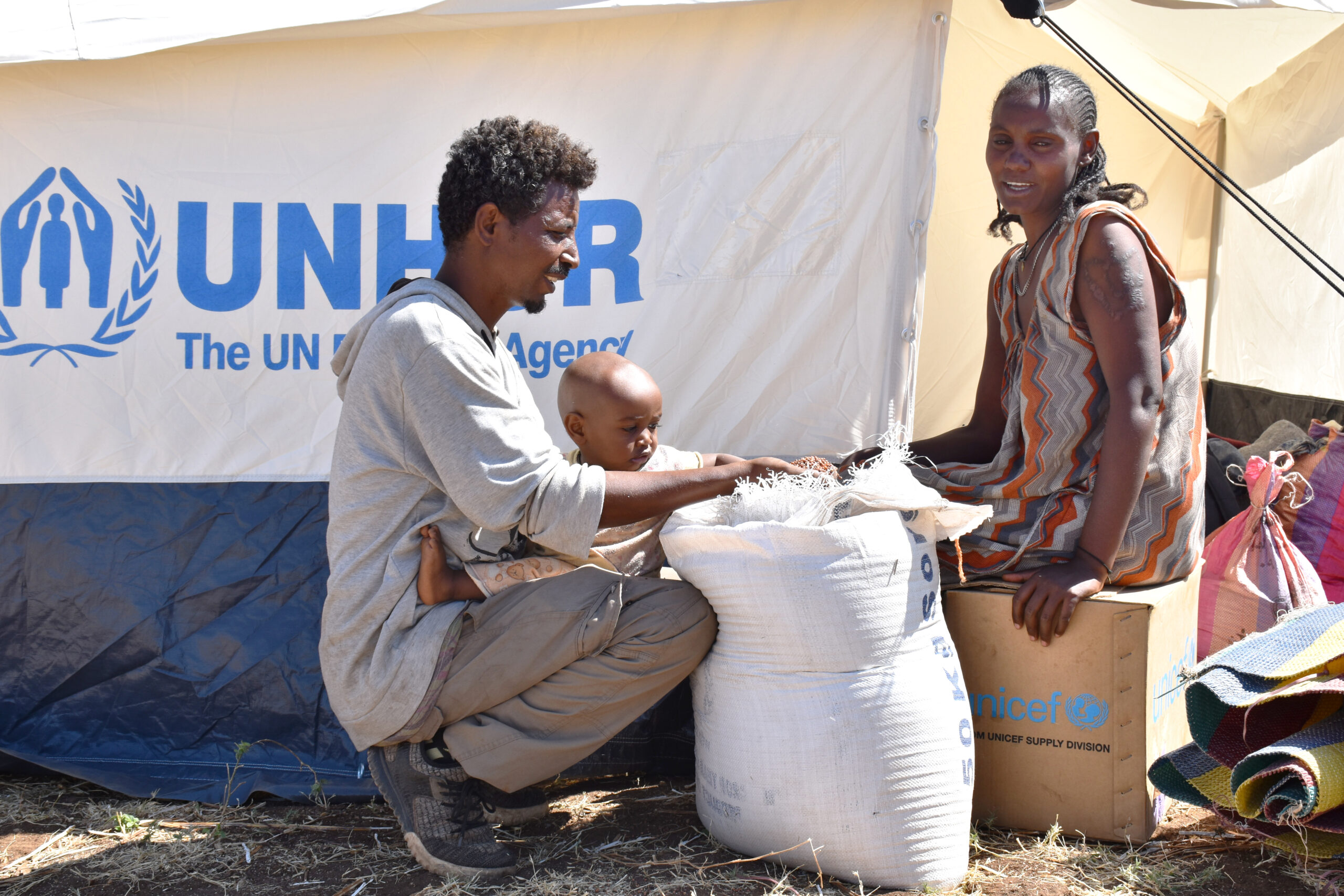 Burhani with his wife and son in Um Rakouba Refugee Camp