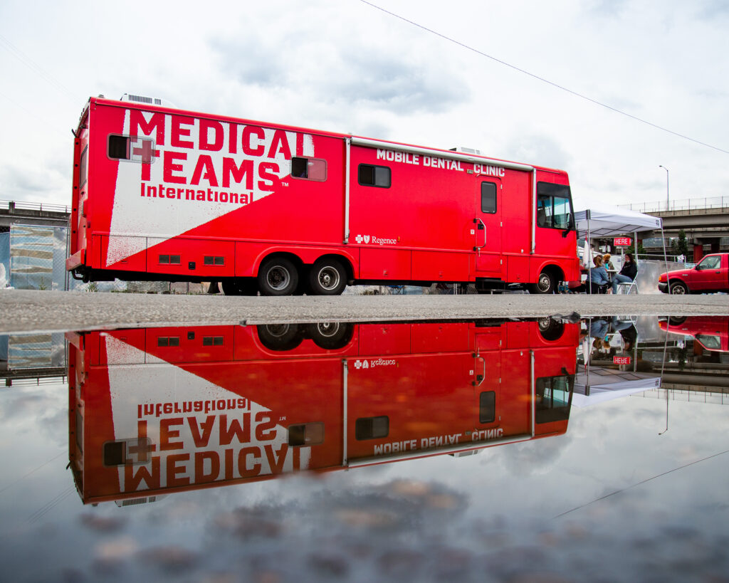A mobile medical clinic parked outside in Portland Oregon