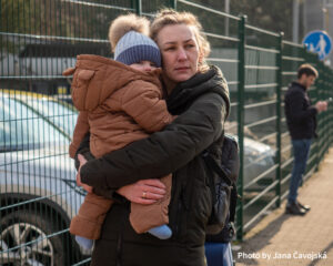 A mother holds her child in Ukraine