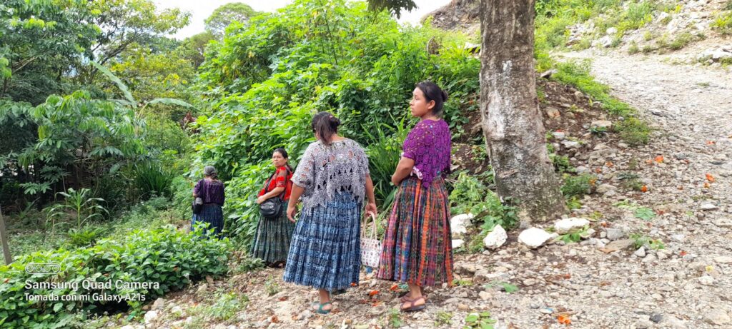 Four women in Guatemala walk down a trail
