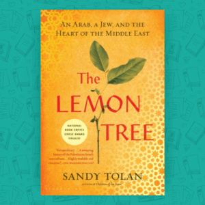 The Lemon Tree Book Cover. Yellow book with two lemon leaves. 