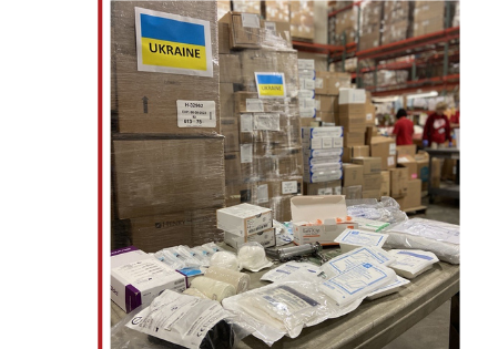 Boxes of medical supplies marked for shipment to Ukraine. 