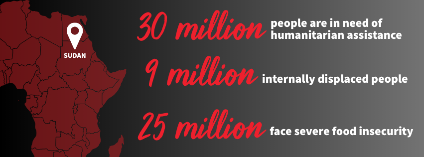 An infographic. 30 million people are in need of humanitarian assistance. 9 million people are internally displaced. 25 million people face severe food insecurity. 