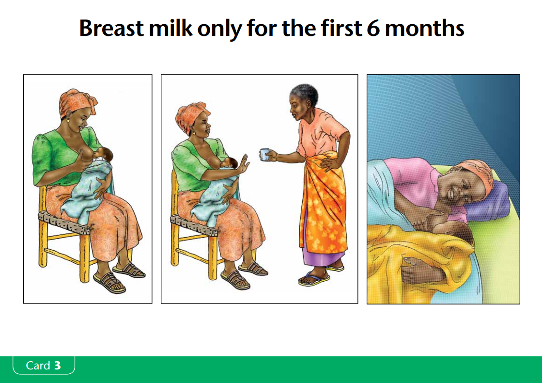 UNICEF Infant and Young Child Feeding Counselling Card 3: During the first 6 months, your baby needs ONLY breast milk 
