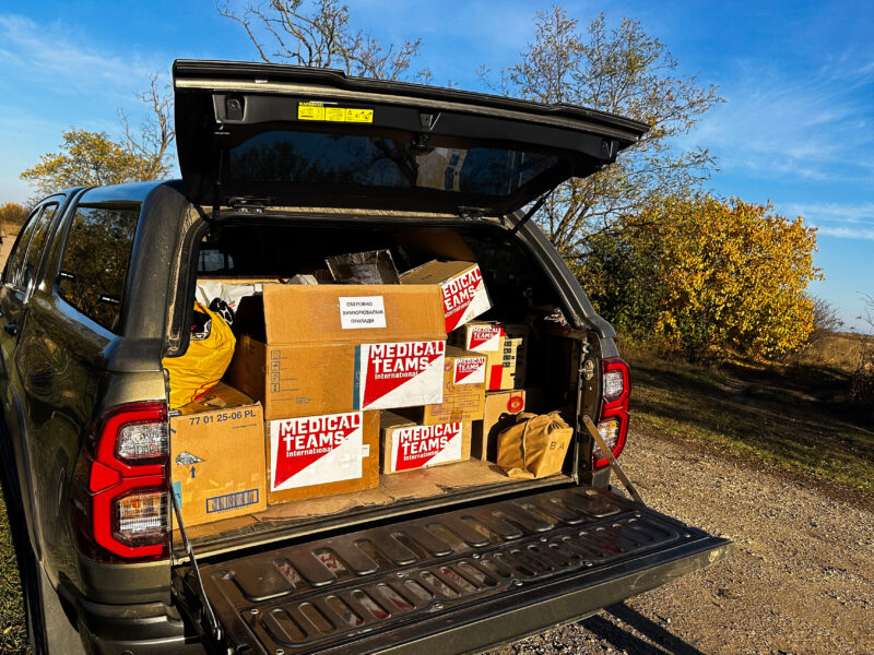 Medical supplies in the trunk of a delivery vehicle in Ukraine.