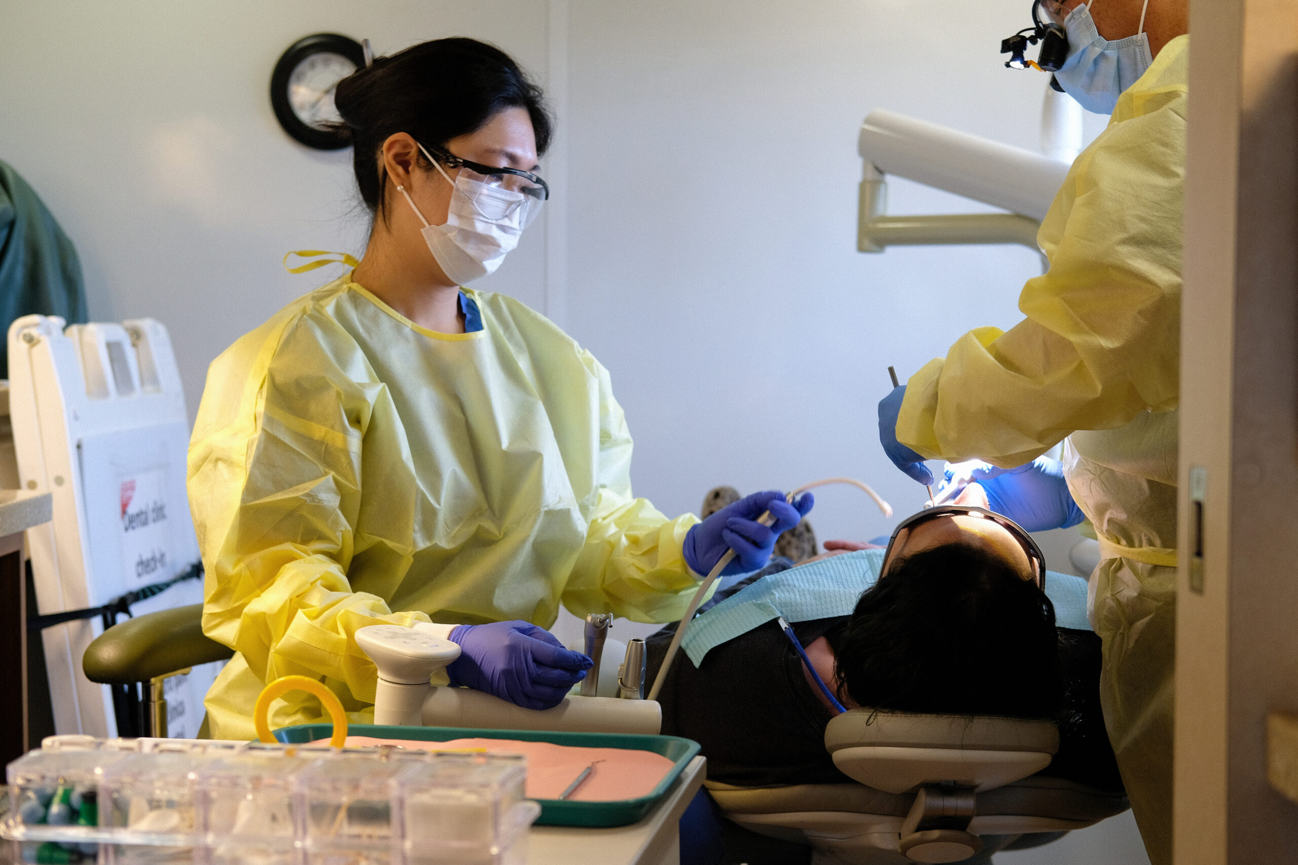 Patient Kortney Fritts receiving dental care as part of a mobile clinic serving the Burns Paiute Tribe and surrounding communities in Burns, Oregon, USA. 