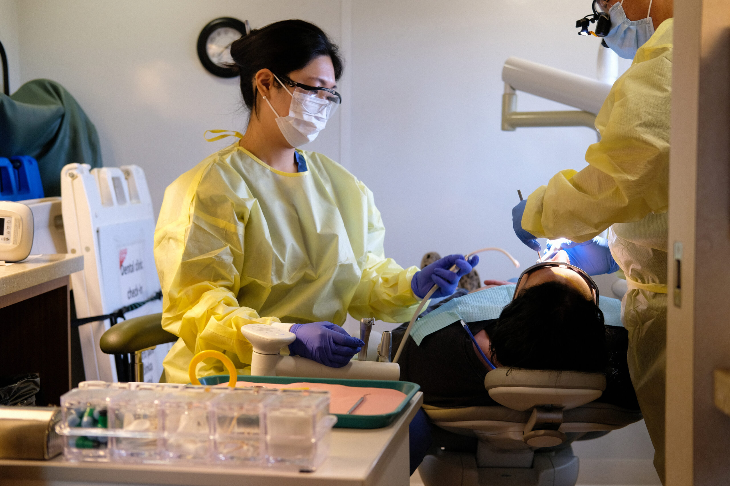 Patient Kortney Fritts receiving dental care as part of a mobile clinic serving the Burns Paiute Tribe and surrounding communities in Burns, Oregon, USA.