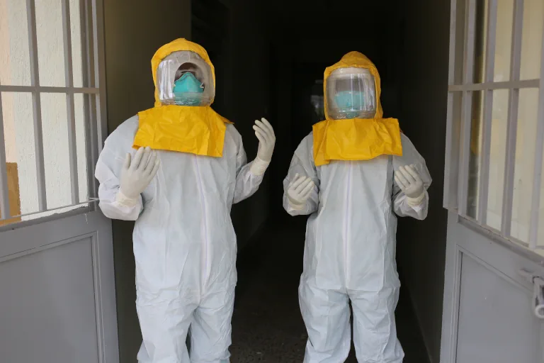 Ugandan staff prepare Ebola PPE 2026